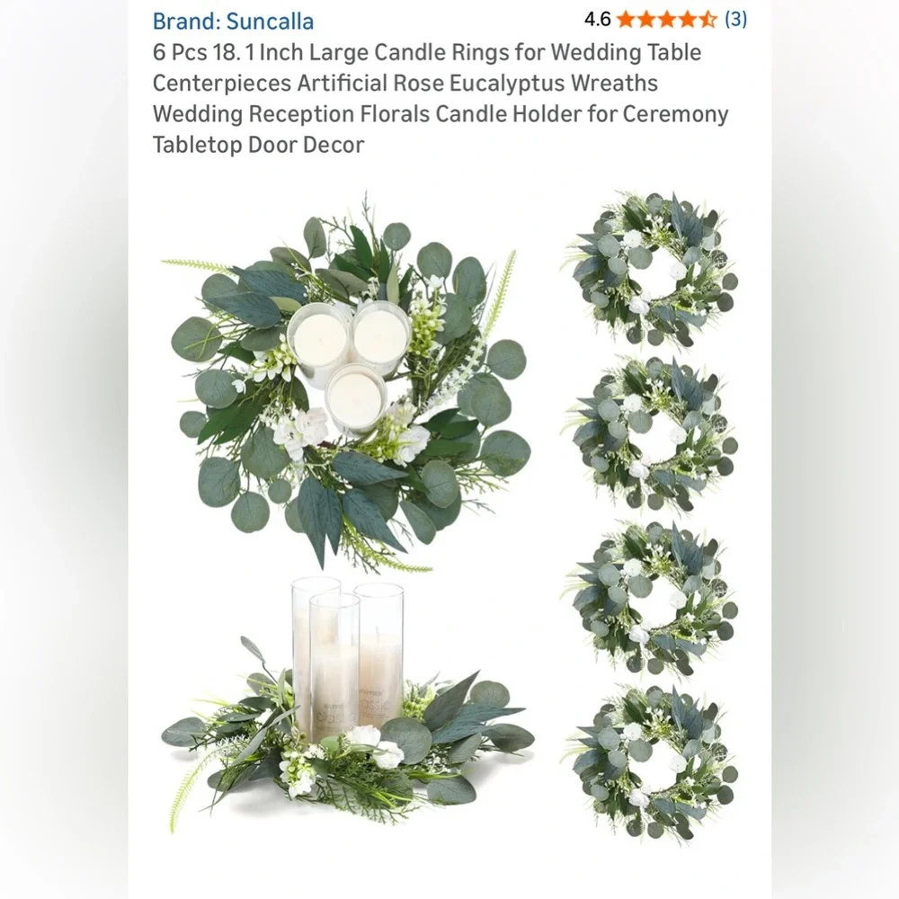 NIB Suncalla 6 Pcs Lrg Candle Rings Rose Eucalyptus Wreaths Wedding Centerpieces